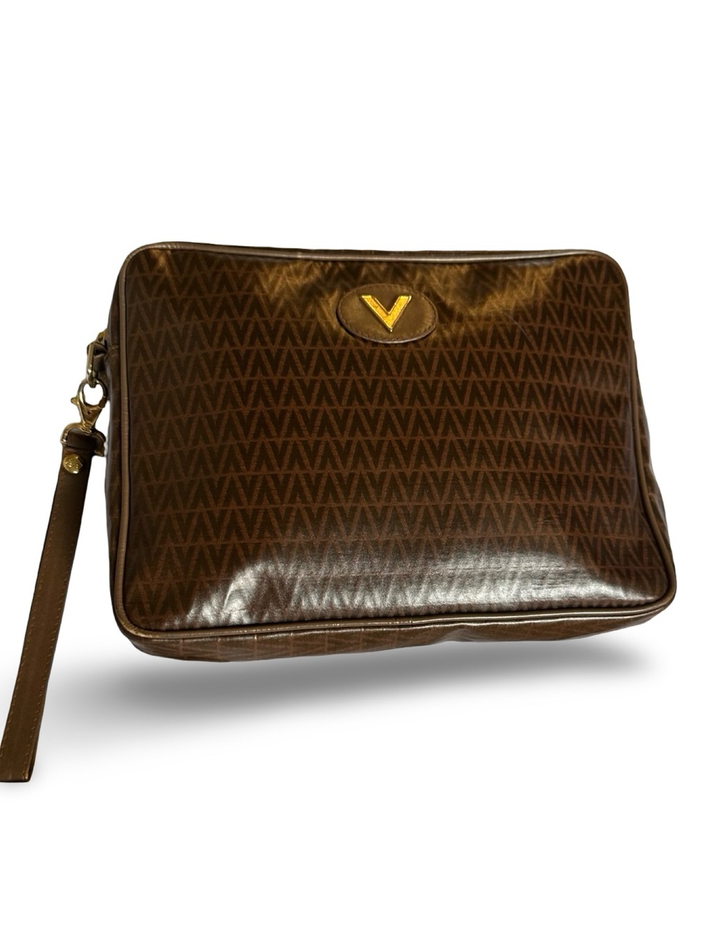 Mario Valentino Brown Monogram Wristlet Clutch with Gold V Accent